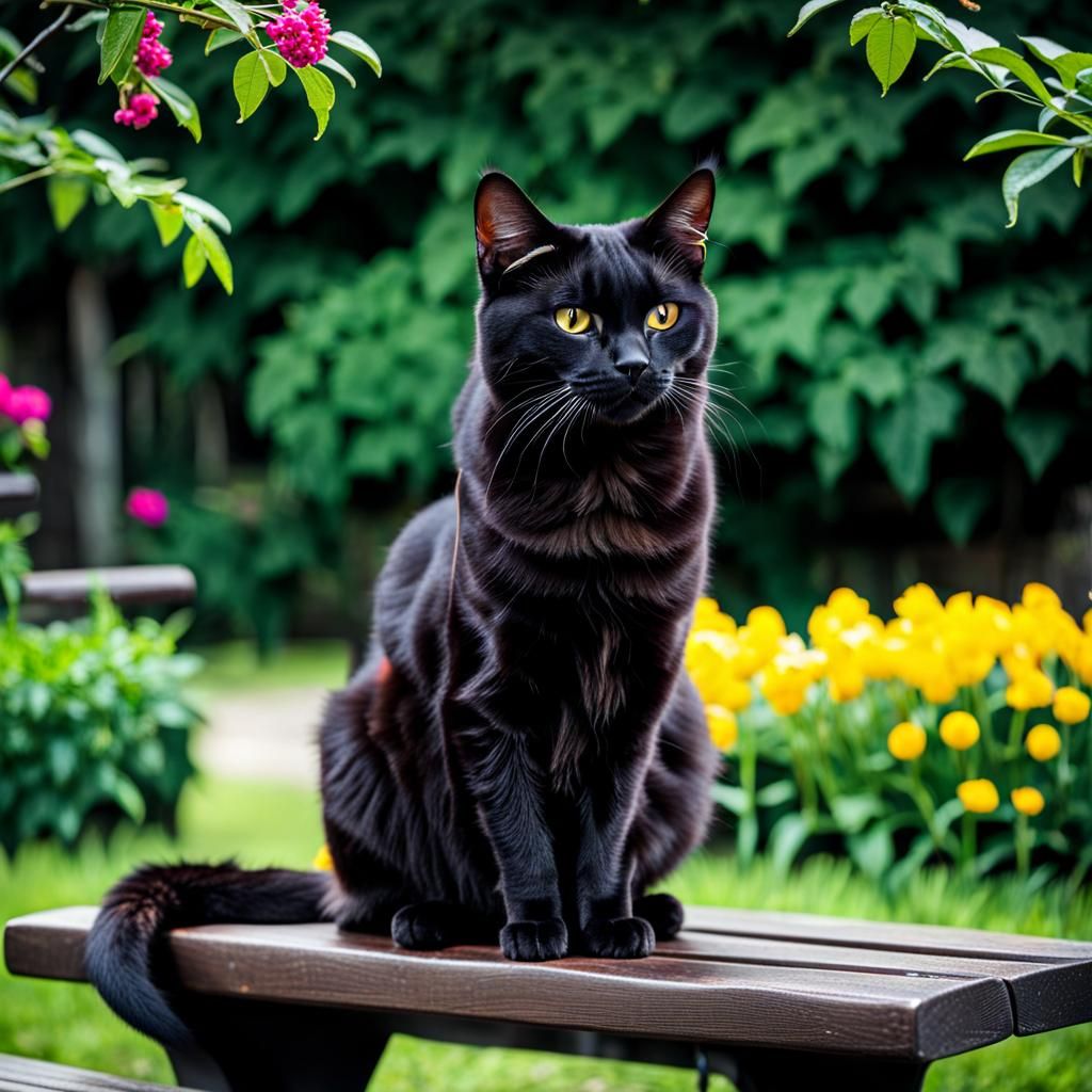 Black Cat Sitting on Bench