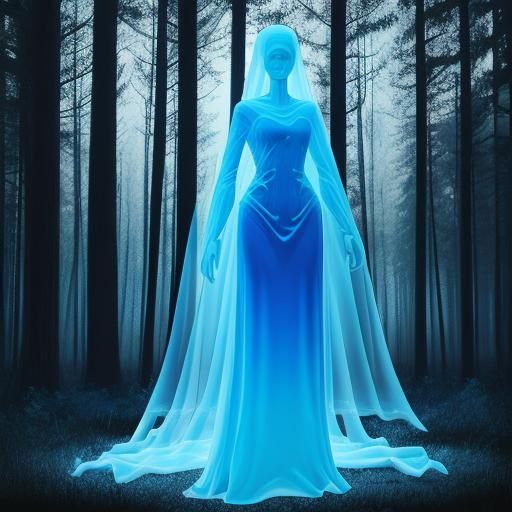 Ethereal Ghost Figure in Dark Forest Scene