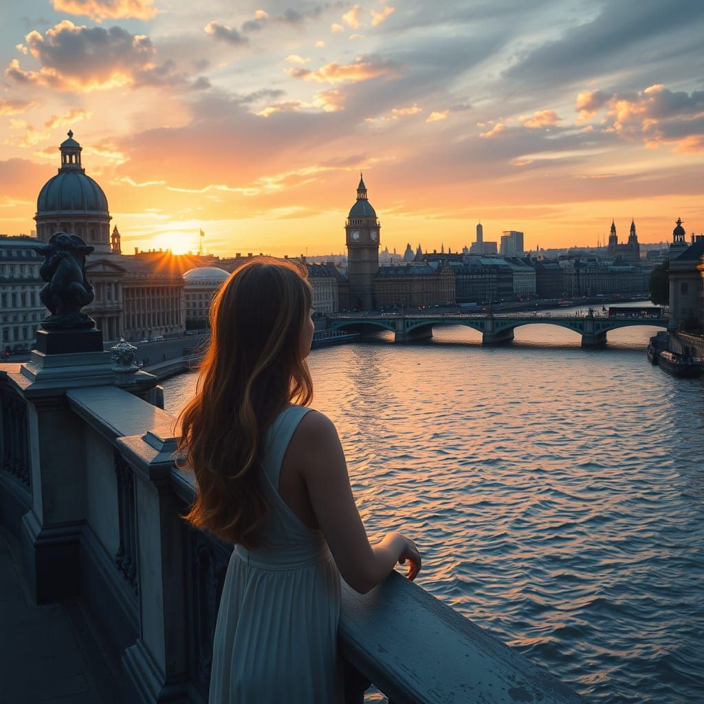 Ethereal Woman Contemplates Sunset on the River Thames in Ro...