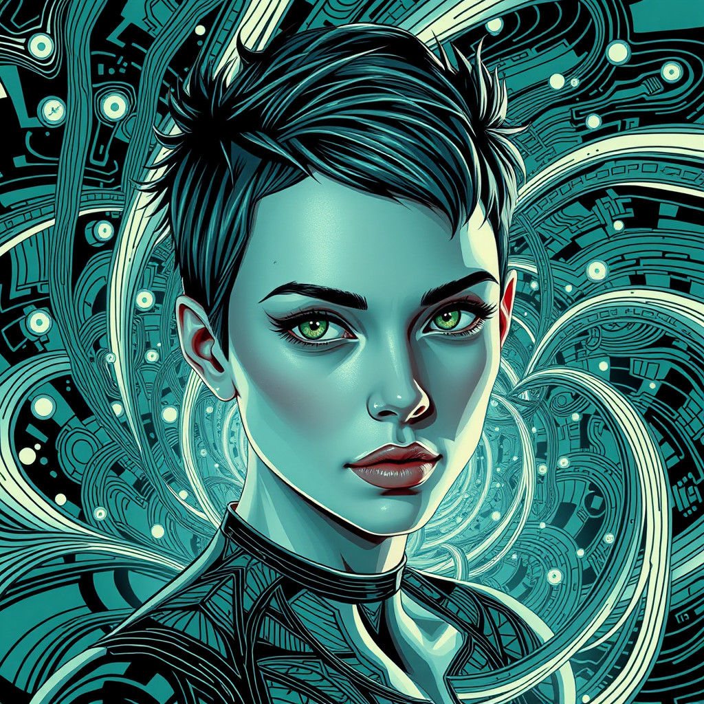 Cyberpunk Woman Portrait with Abstract Fractal Background