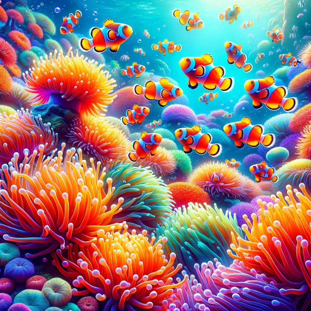 Vibrant Coral Reef with Clownfish and Anemones