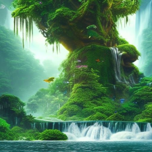 Floating Jungle Islands with Waterfalls: Digital Matte Paint...