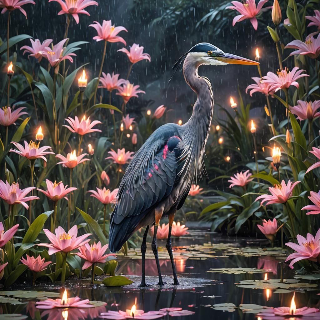 Luminous Heron in Lily Garden Double Exposure