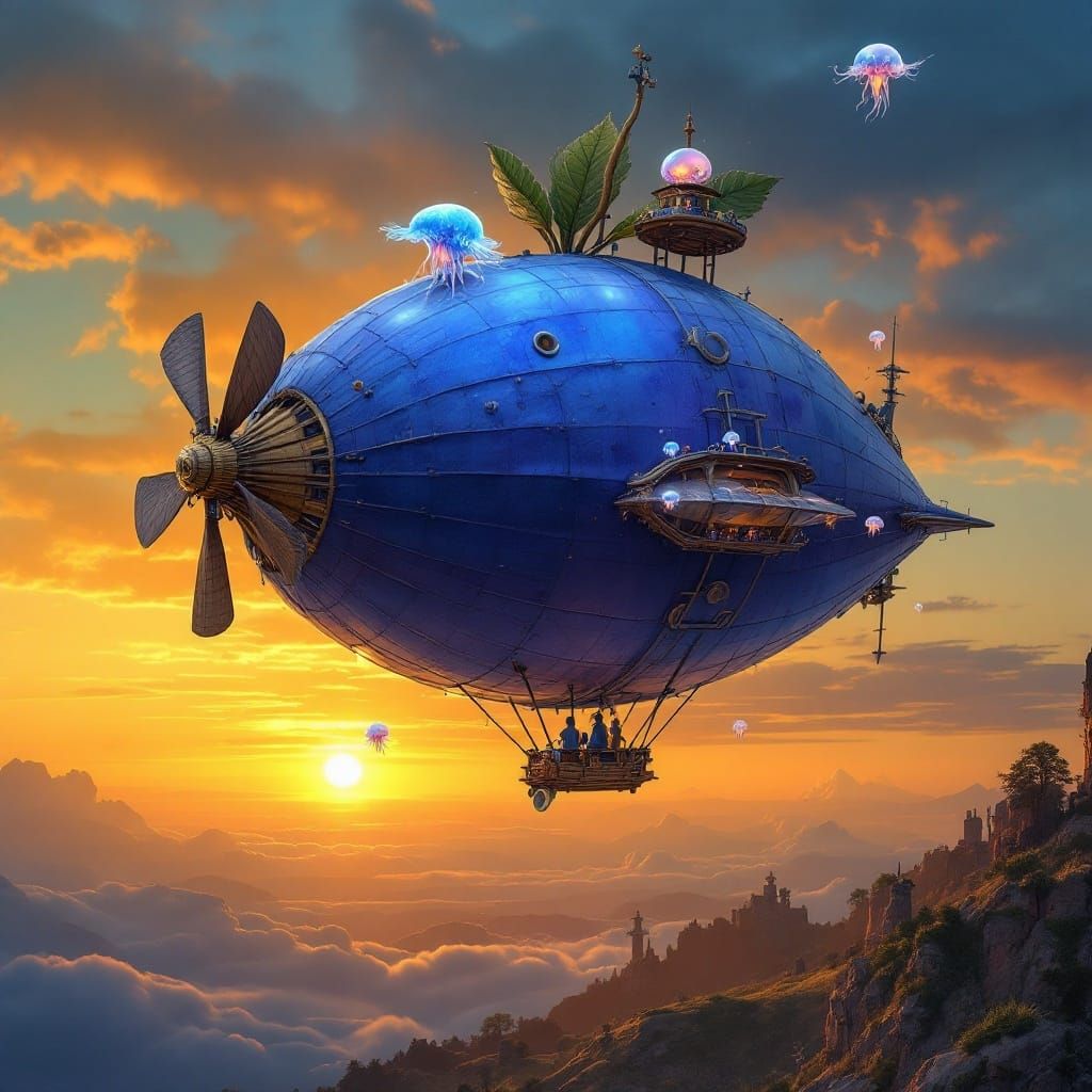 Glowing Blueberry Airship Soars Down Sunset Skyline