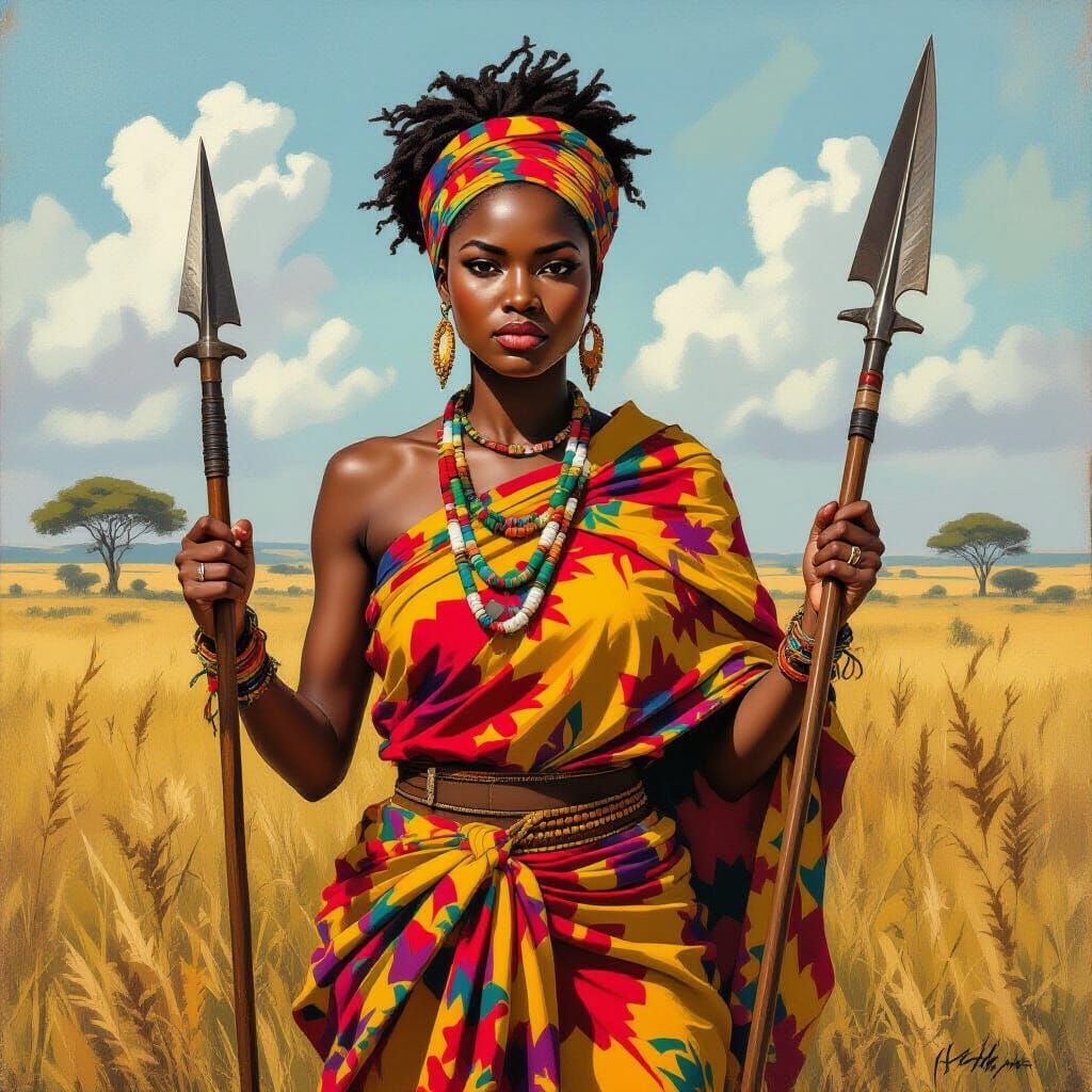 African Warrior Woman Leads with Spear, Expressive Brushstro...