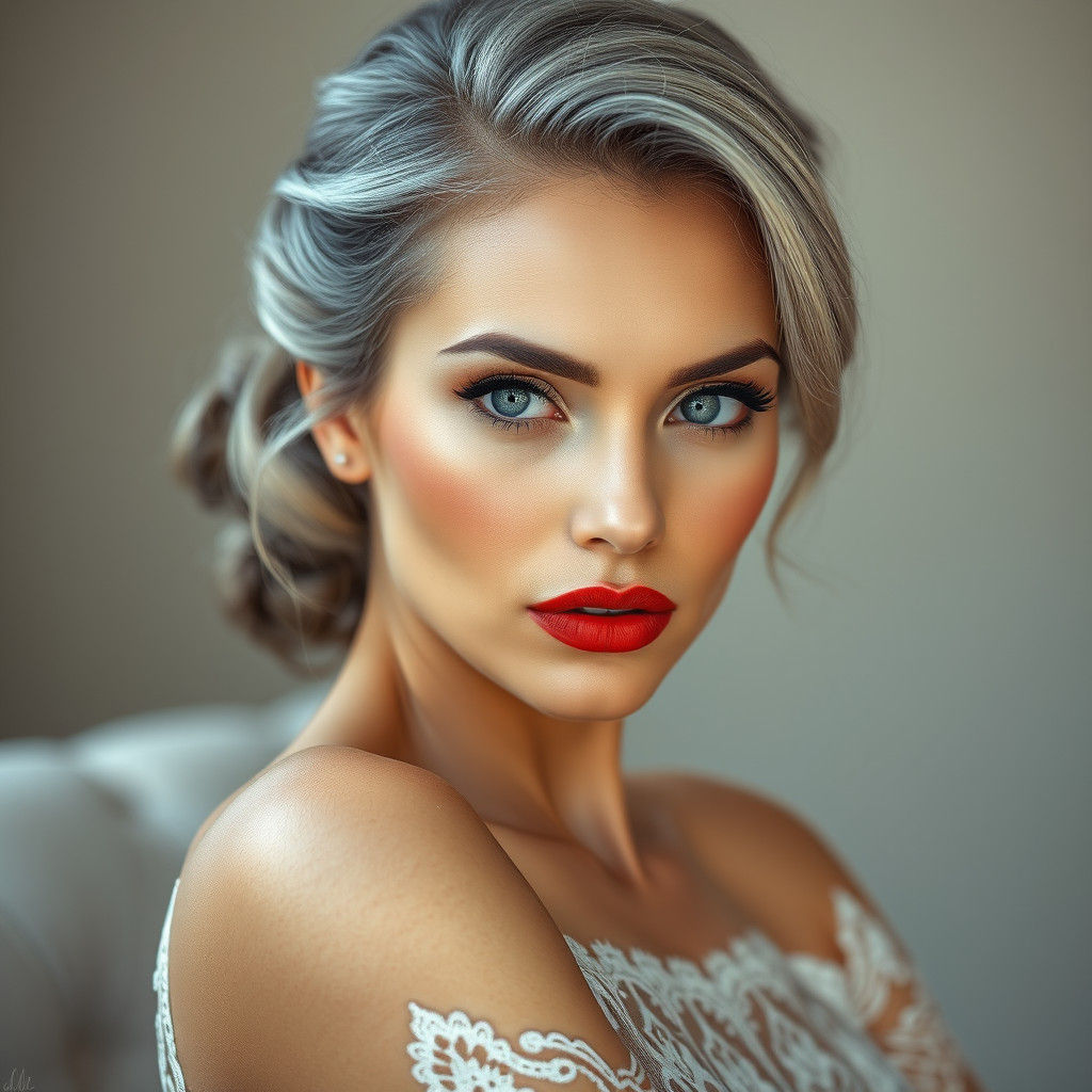 Elegant Woman with Red Lips in Hyperrealistic Portrait