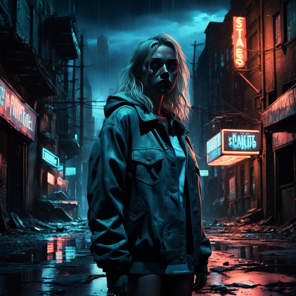 Young Girl Stands Alone in Dark City Streets at Night, Inspi...