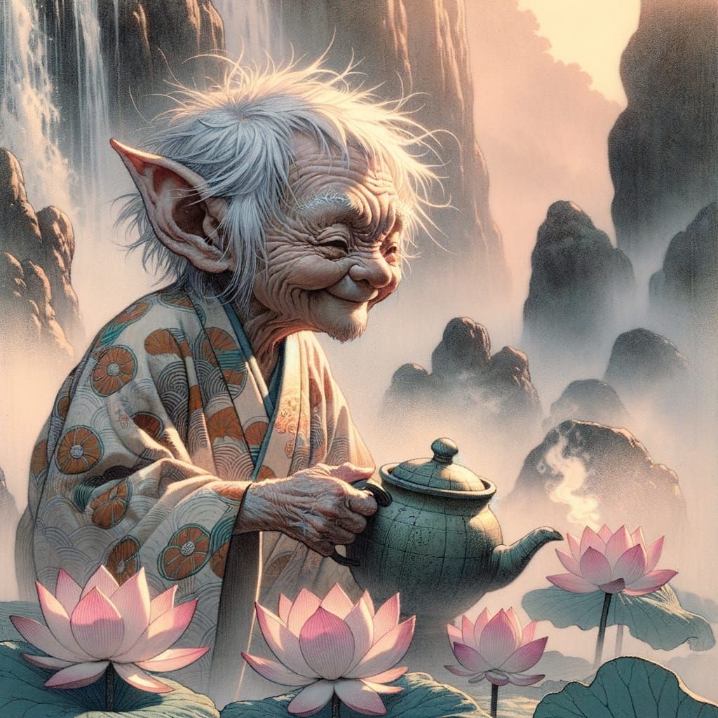 Charming Goblin Brews Lotus Tea: An Ukiyo-e Scene