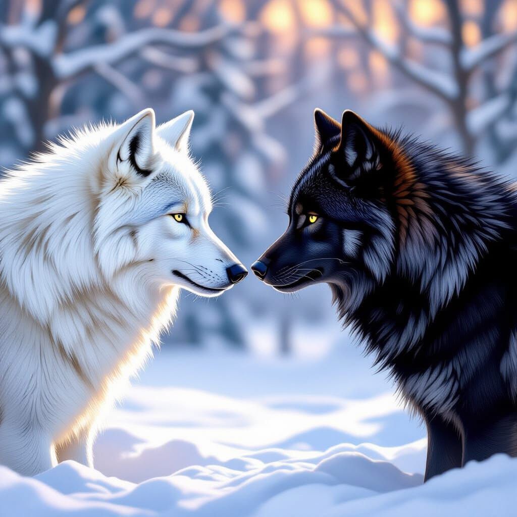 White Wolf and Black Wolf Staredown in Winter