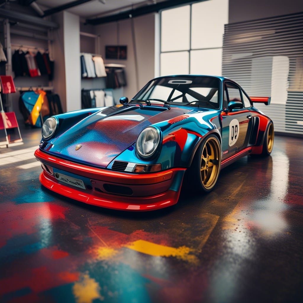 harlekin graffiti porsche in art showroom