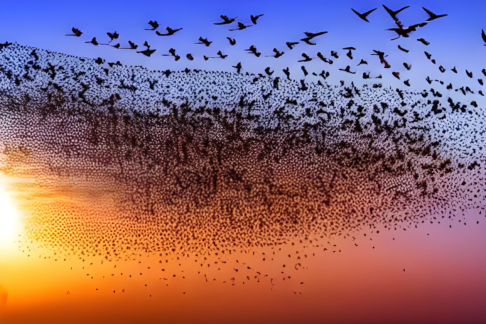Starlings Murmuration at Sunset: A Golden Hour Scene