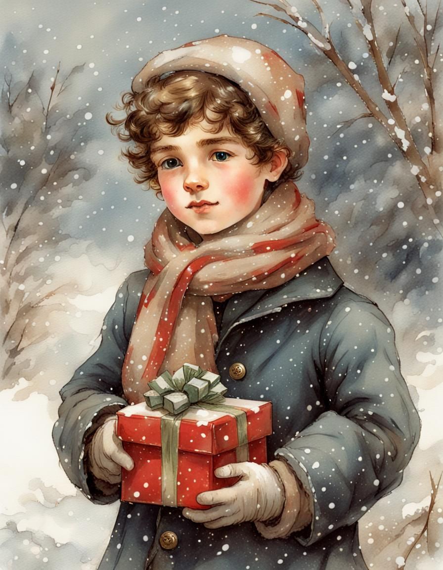 Victorian Boy with Christmas Gift in Snow