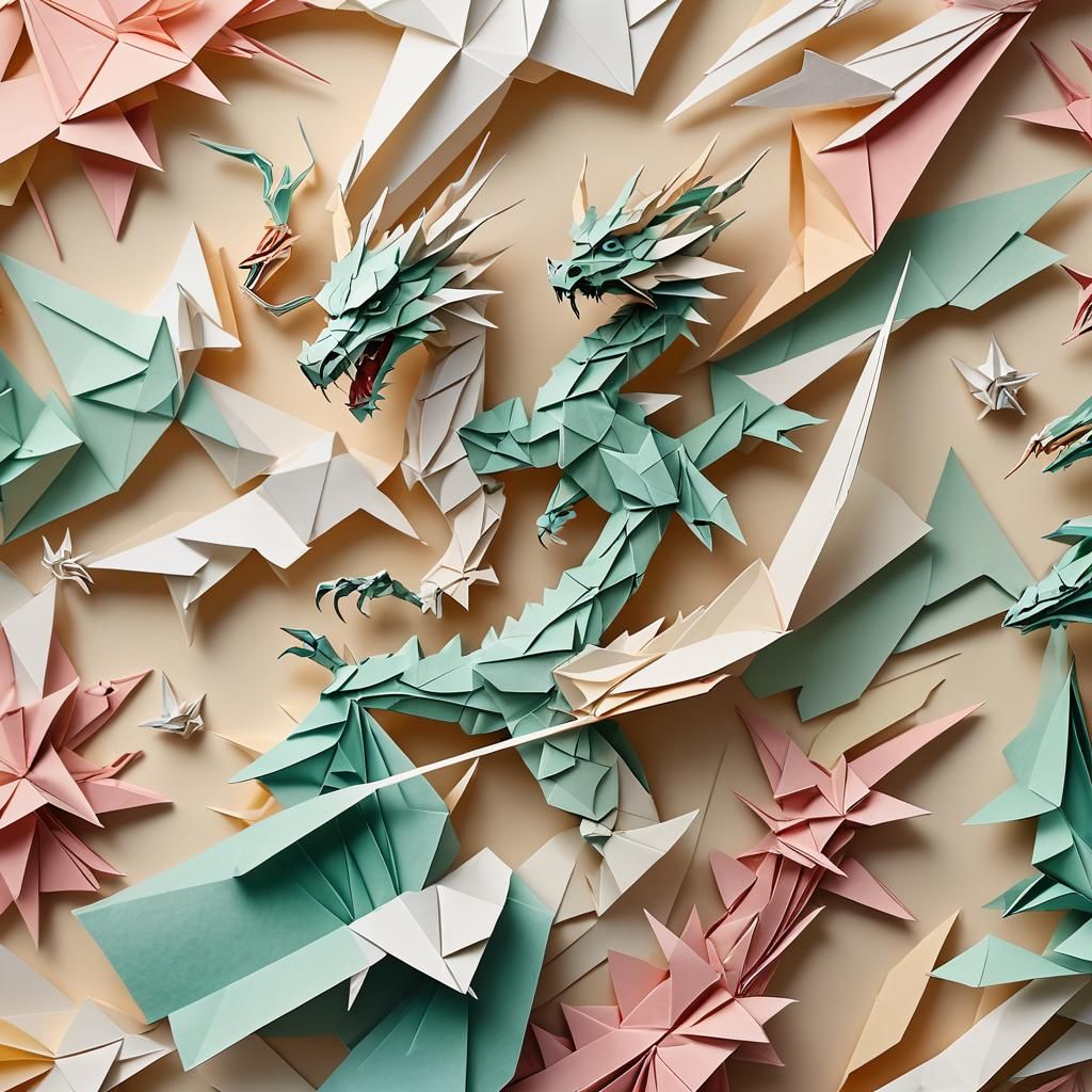 Dragon and Samurai Engage in Ancient Battle in Soft Pastel C...