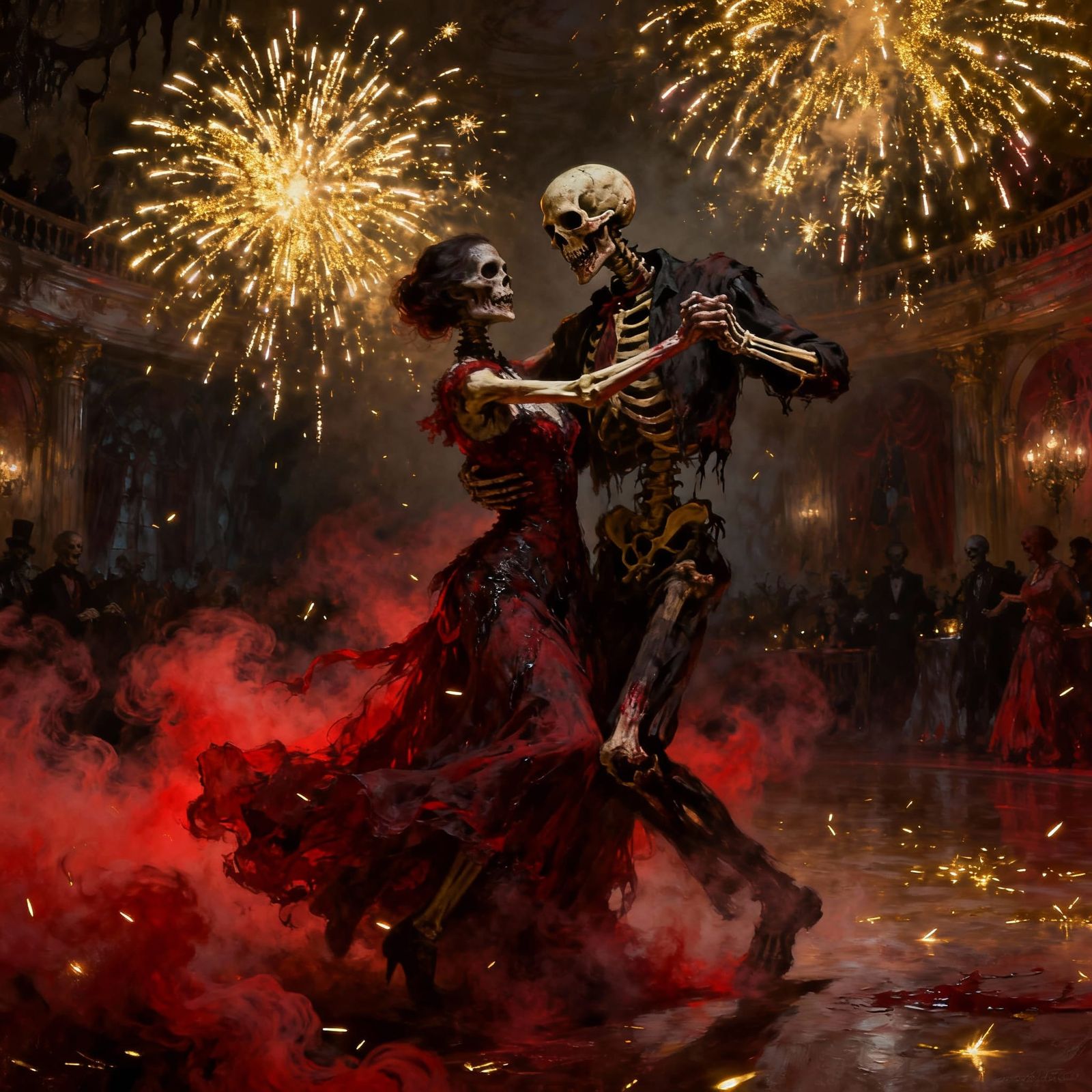 Skeletal Couple Dancing in Crimson Smoke and Gold Sparks