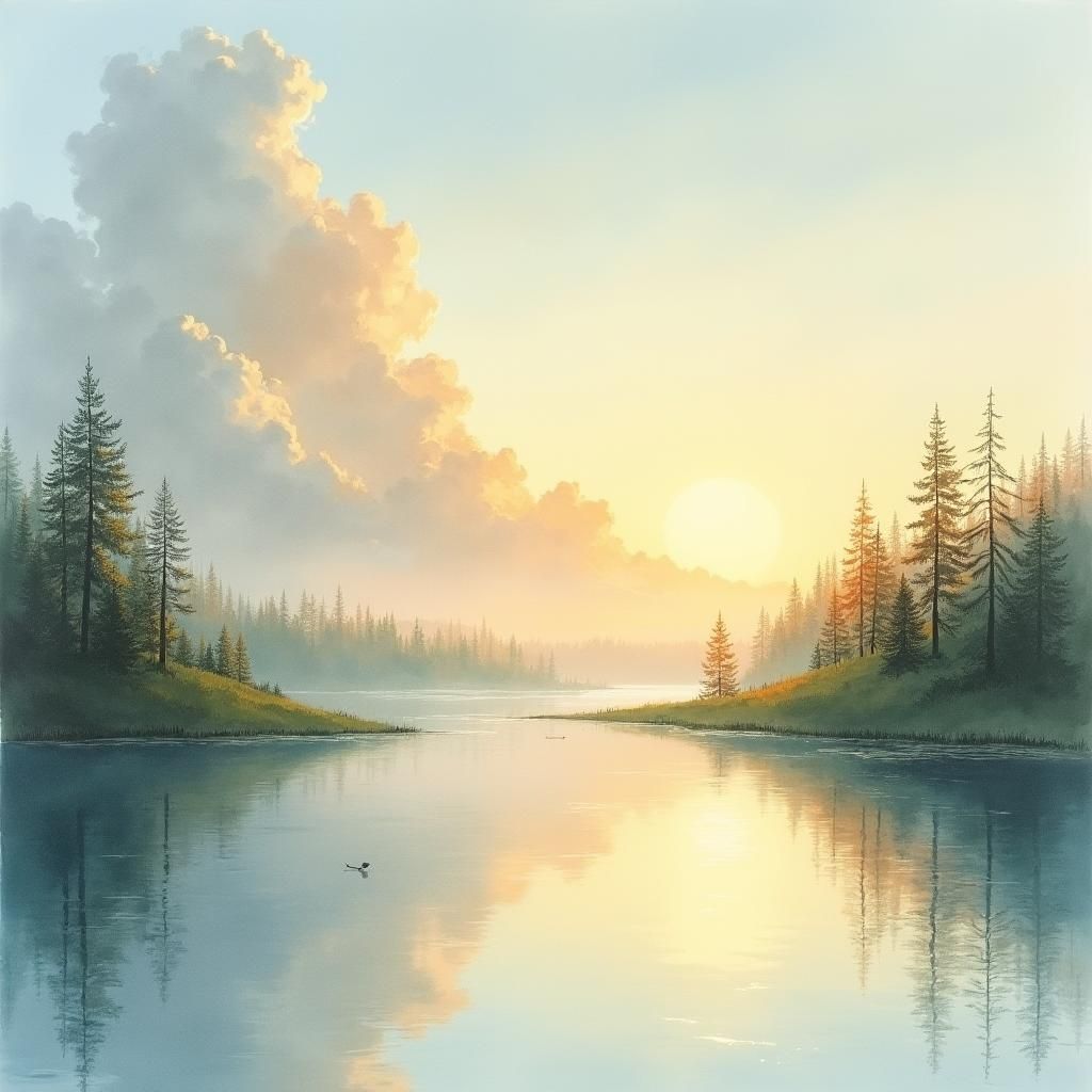 Dreamy Lake Sunset in Watercolor Style