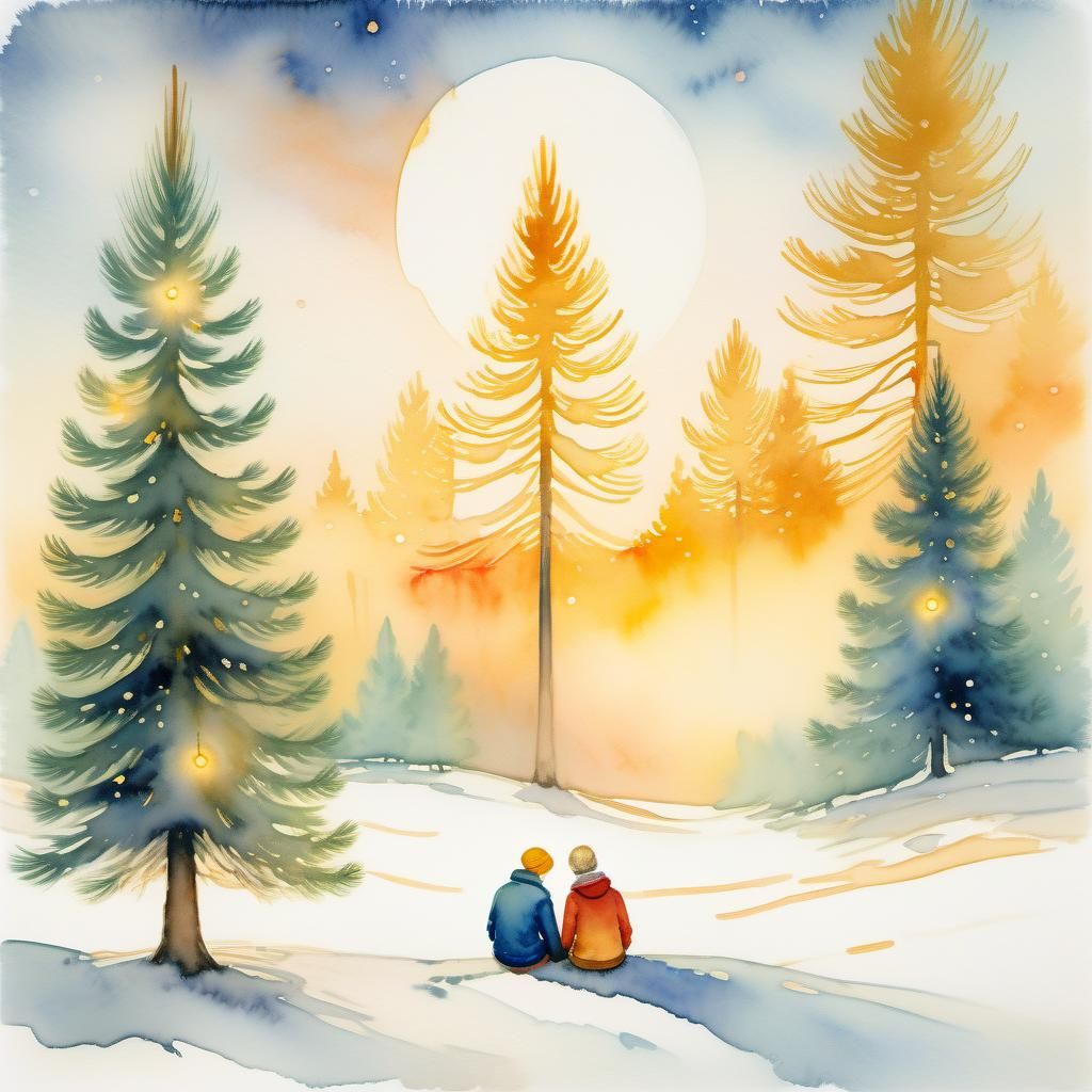 Whimsical Watercolor of Couple Under Fir Tree
