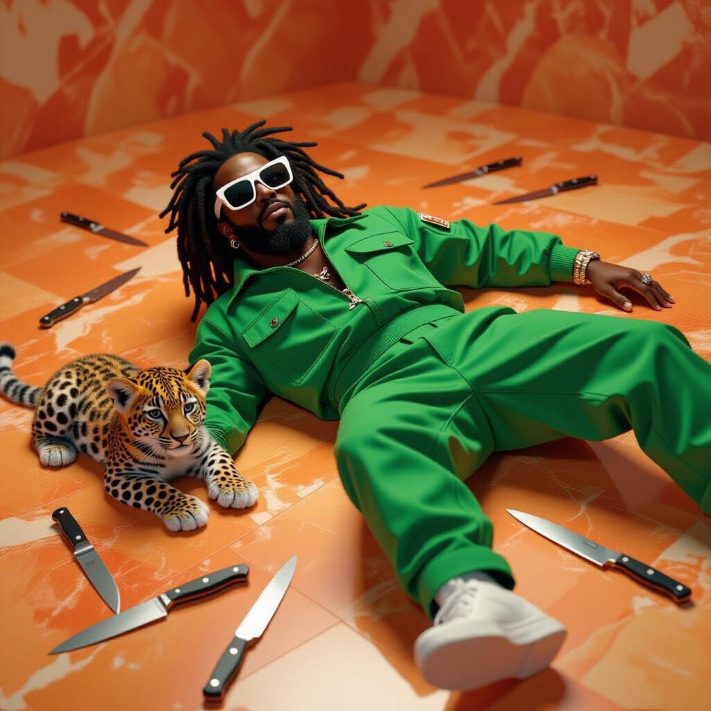 Man in Green Jumpsuit on Orange Marble Floor with Knives