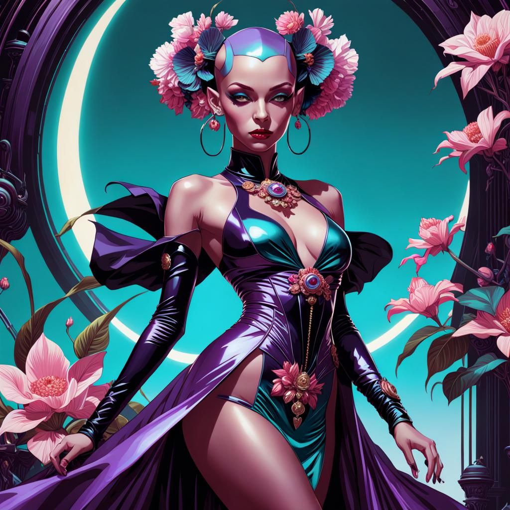 Glossy Purple Goblin Warlock in Retro Floral Dress