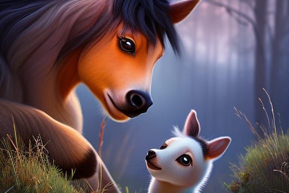 Adorable Foal and Mare Playing in Floral Field