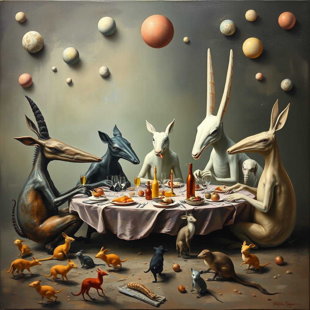 Whimsical Animal Banquet in Surreal Oil Painting Style