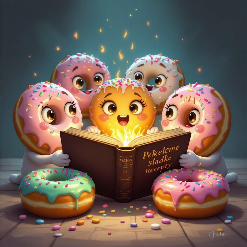 Donuts with Cute Eyes Enthralled by Cookbook