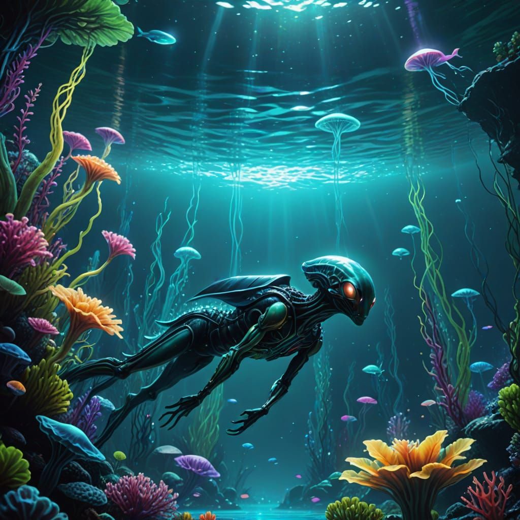 Alien Swims Underwater in Bioluminescent Aquatic Dream