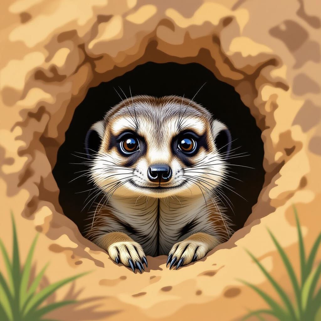 Cute Meerkat Peeking From Burrow In Hyper Realistic Comic St...