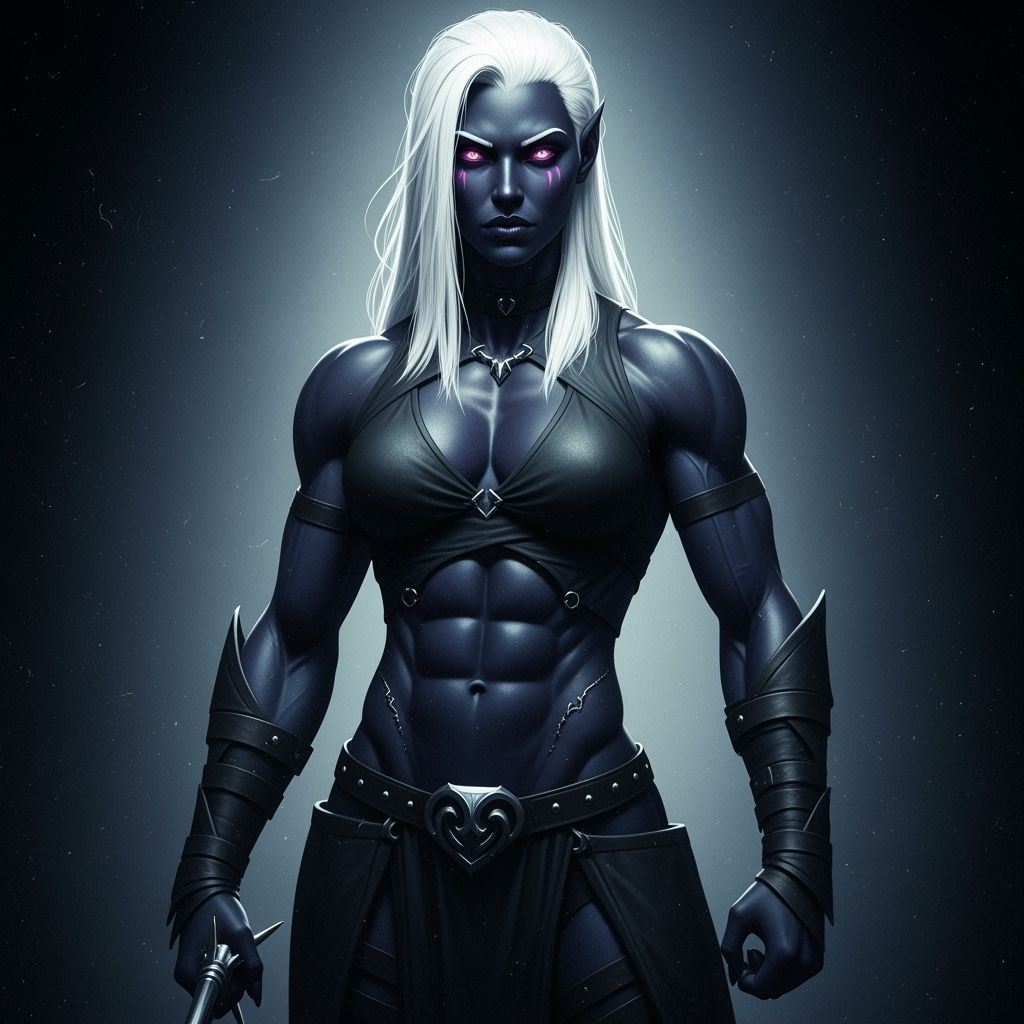 Muscle-Bound Drow Sorceress with White Hair and Pink Eyes