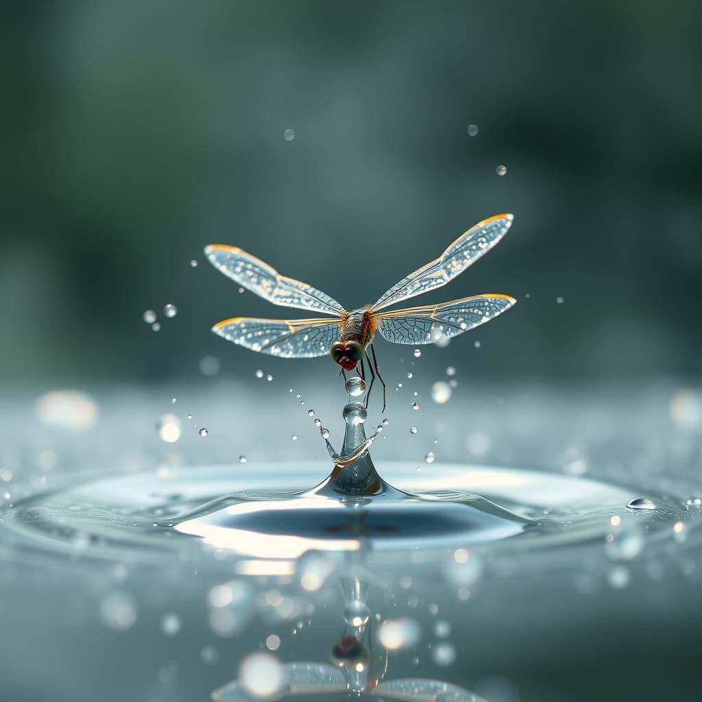 Ethereal Dragonfly Emerges from Water Splashes in Macro Phot...