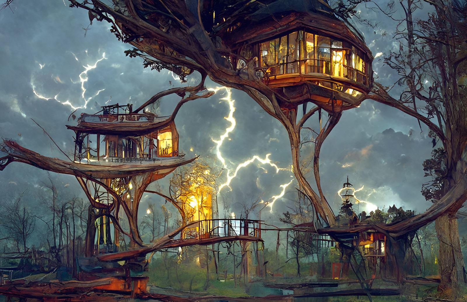 Art Nouveau Treehouse Struck by Lightning