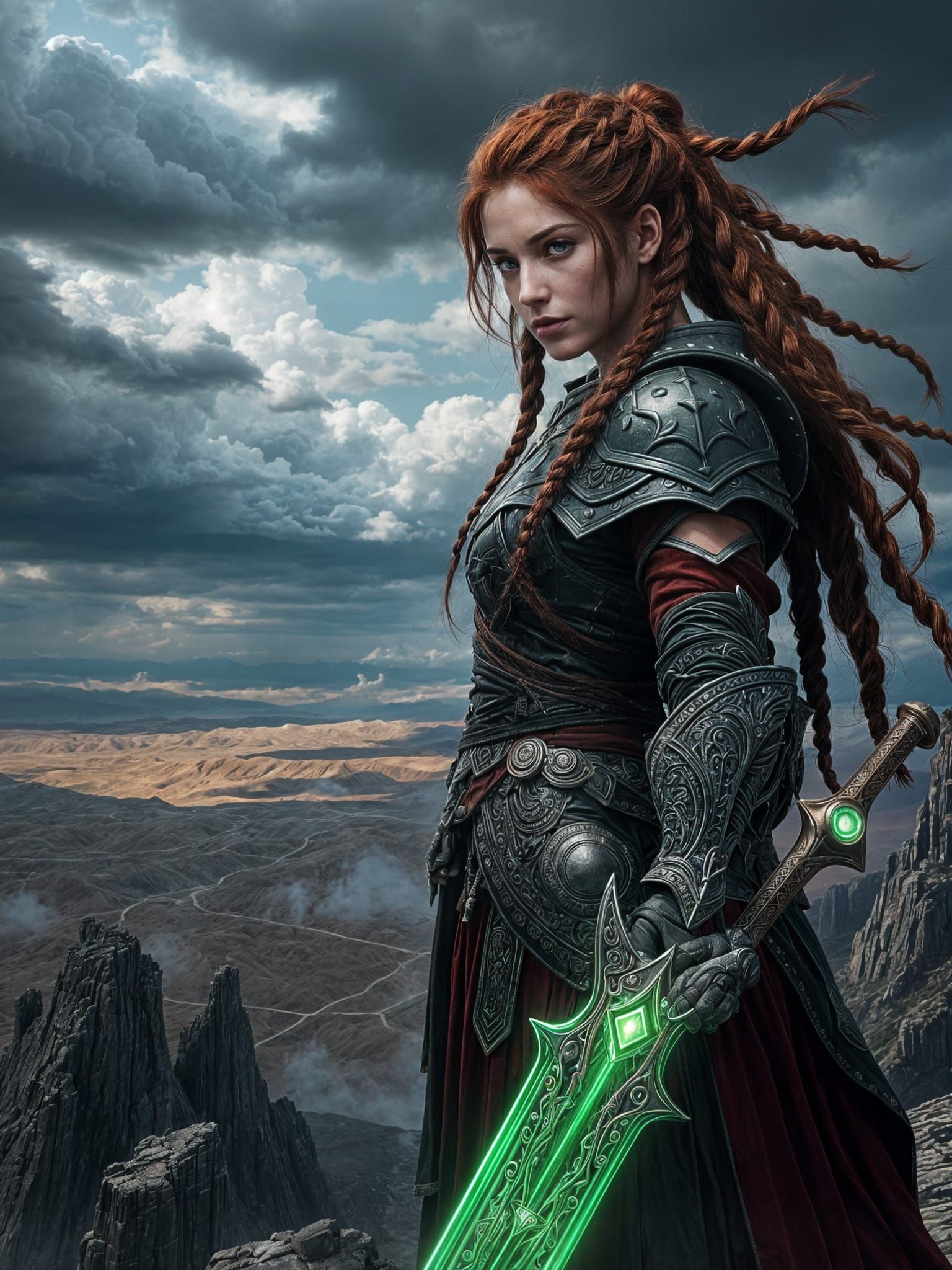 Warrior Woman with Glowing Sword in Desolate Landscape