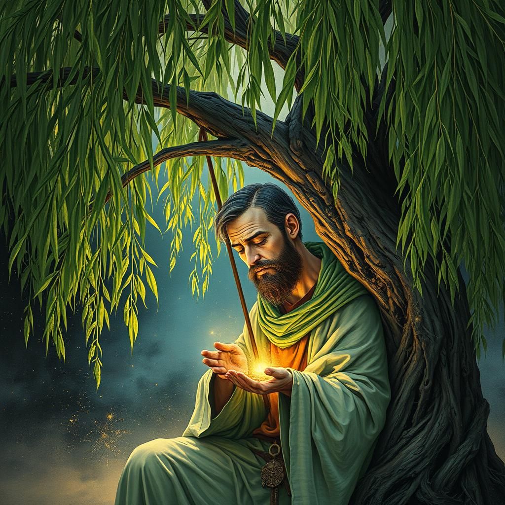 Medieval Man Hiding Under Willow Tree: Cosmic Illustration