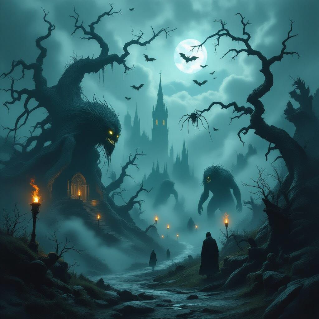 Ominous Landscape with Creepy Creatures in Gothic Style