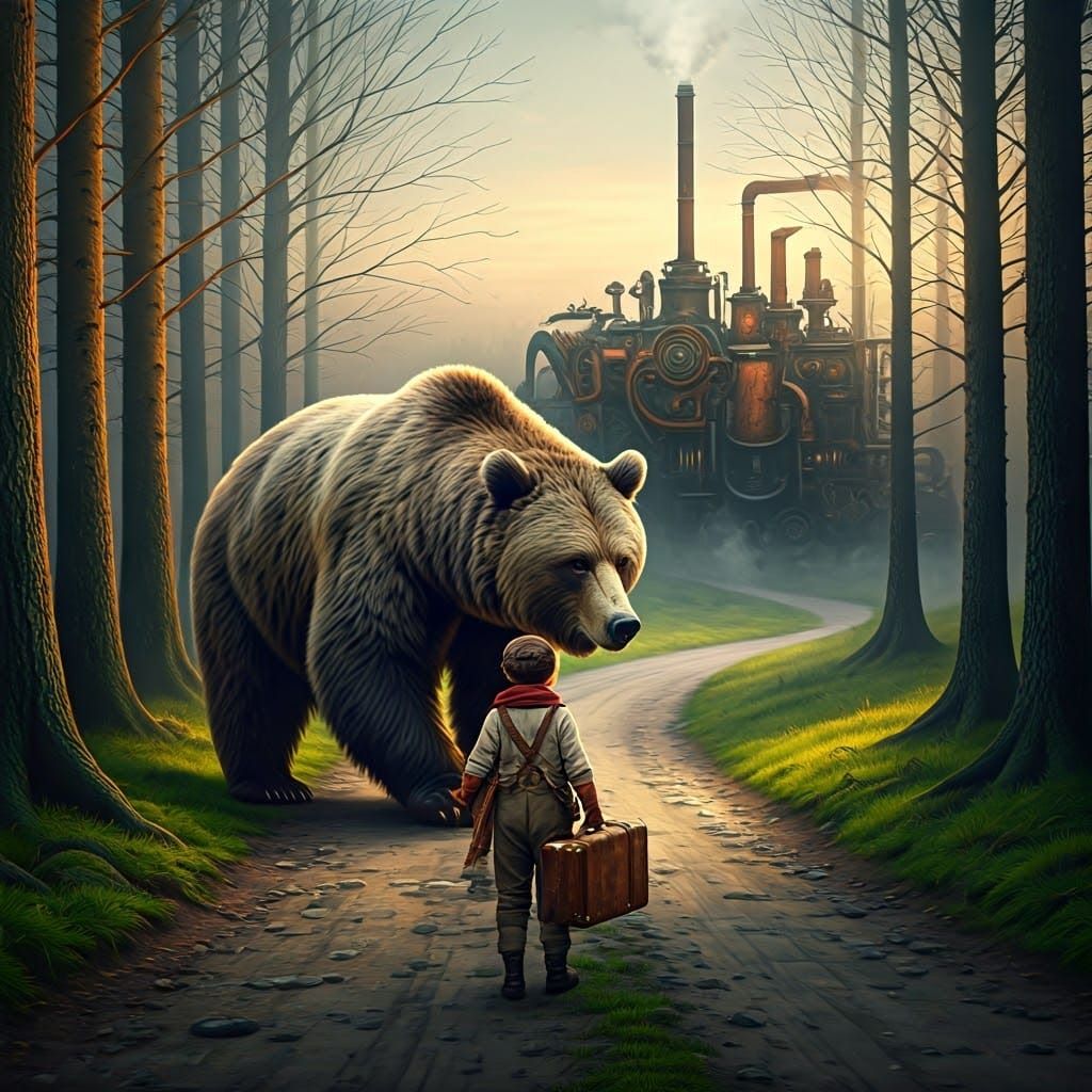 Boy, Bear, and Steampunk Engine on Arpel Path