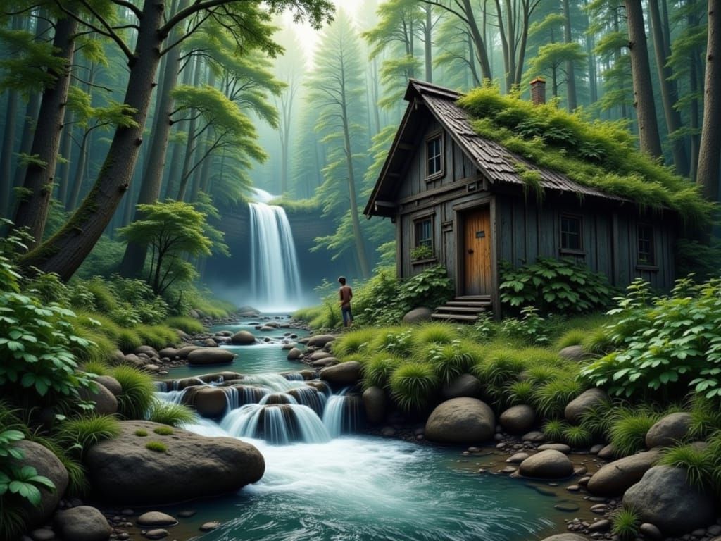 Wolf Explores Abandoned Cabin by Waterfall