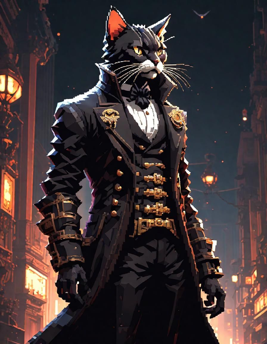 Gothic Pixel Art Cat in Victorian Clothing
