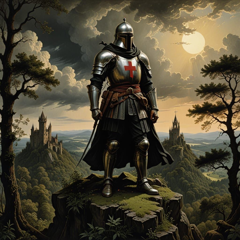 Templar Knight Overlooks Overgrown Forest in Dramatic Light