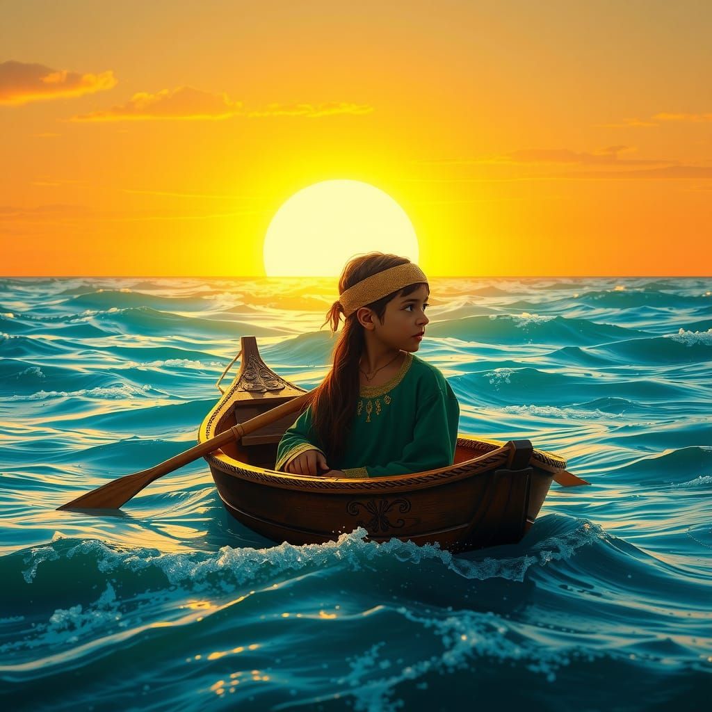 Afghan Boy in Boat at Sunset, Unreal Engine 5