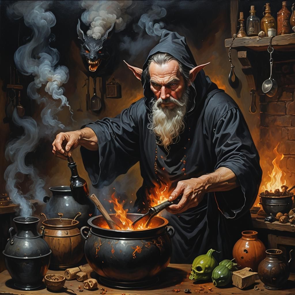 Malignant Sorcerer Oil Painting in Dark Room