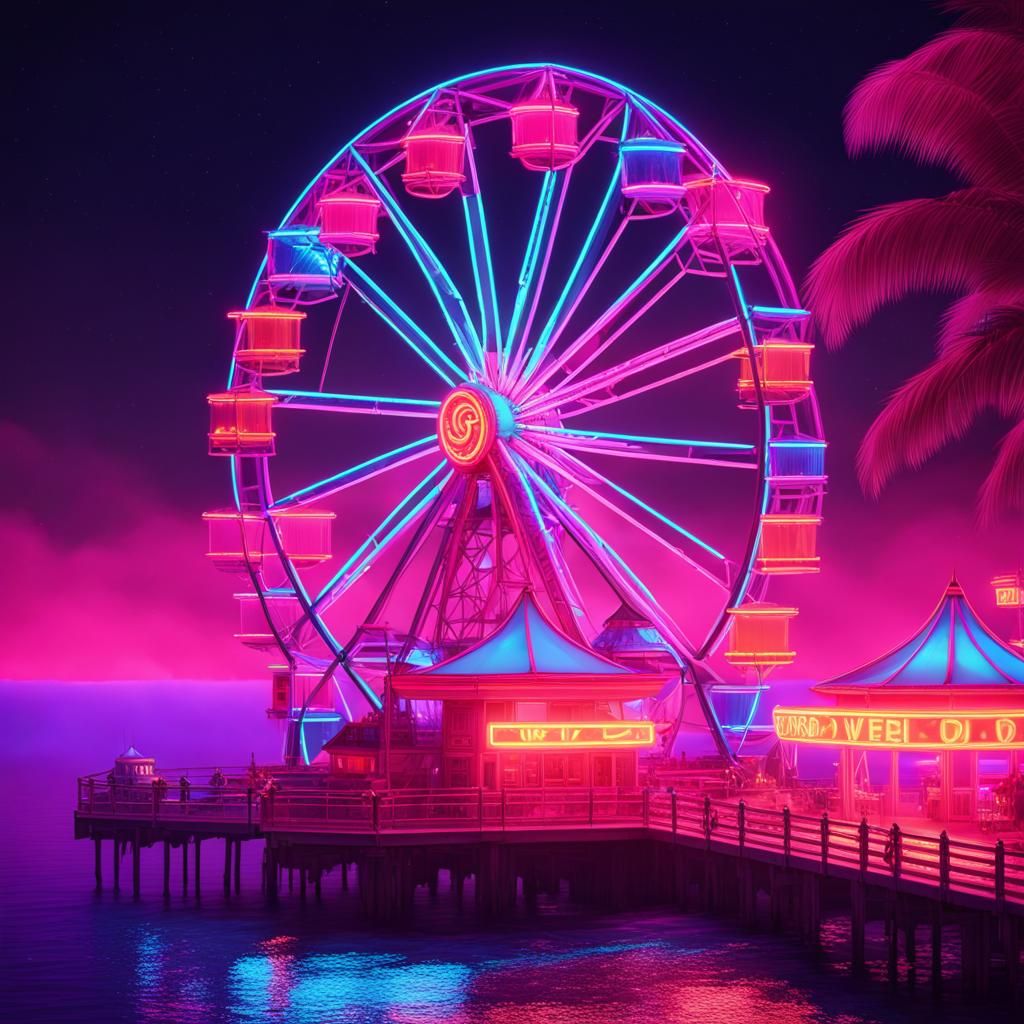 Neon Vaporwave Beach and Ferris Wheel in 8K