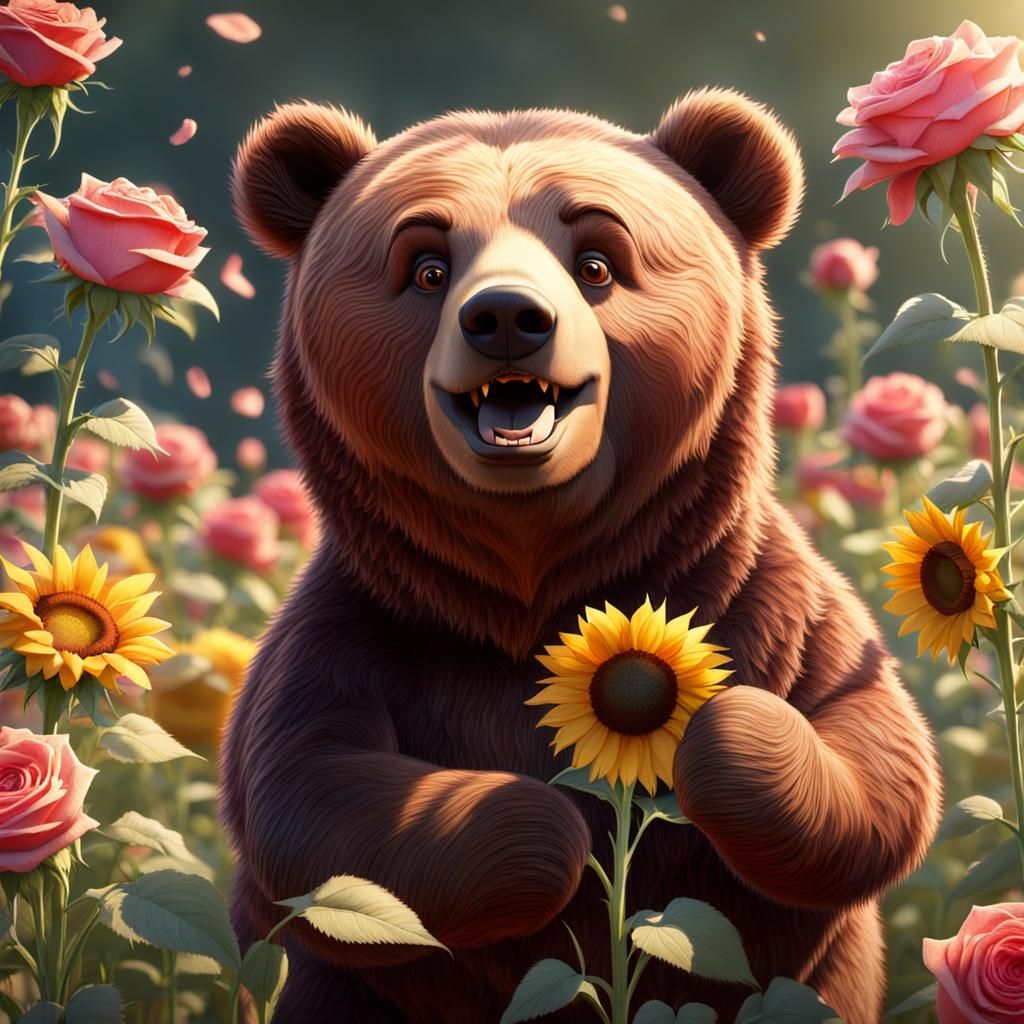 Chibi Brown Bear holding a flower, looks very happy. The bac...