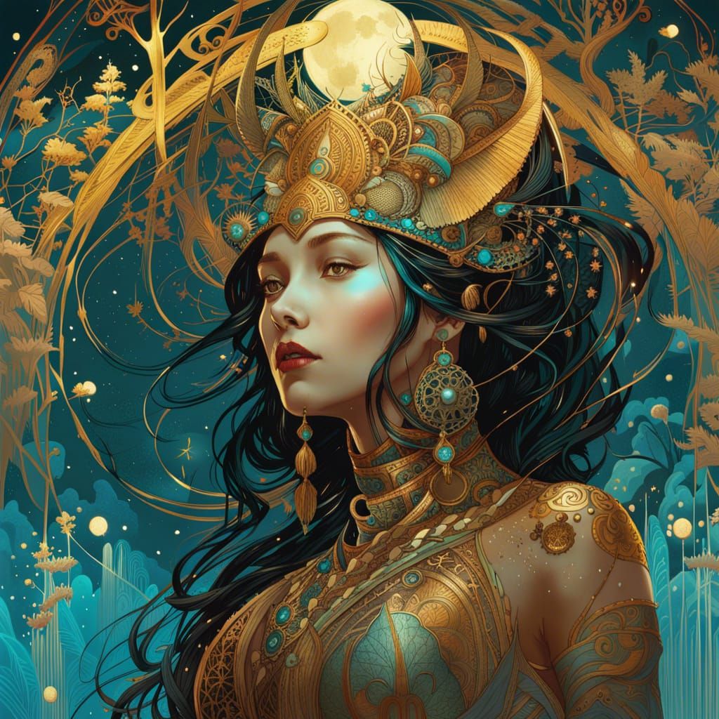 Bioluminescent Moon Goddess with Golden Outlines