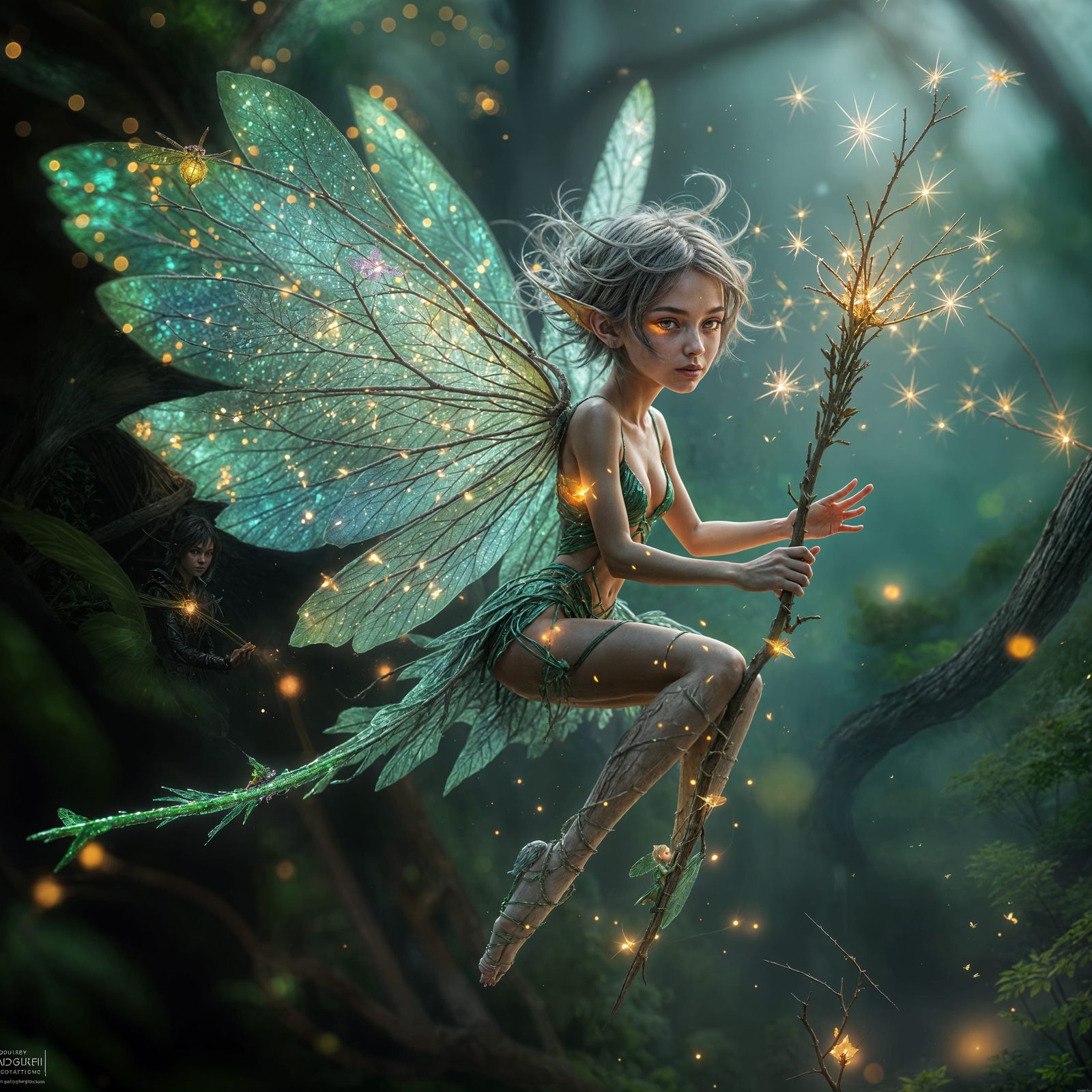 Whimsical Pixie Soars on Iridescent Wings in Dark Fantasy