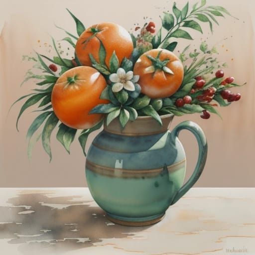 Watercolor Still Life of Mugs and Tangerines