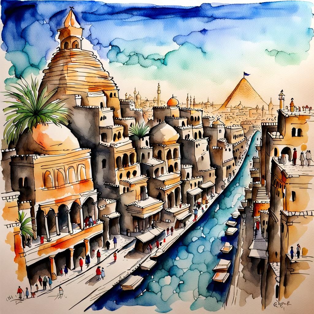 Egyptian Utopia: Watercolor and Ink Cityscape