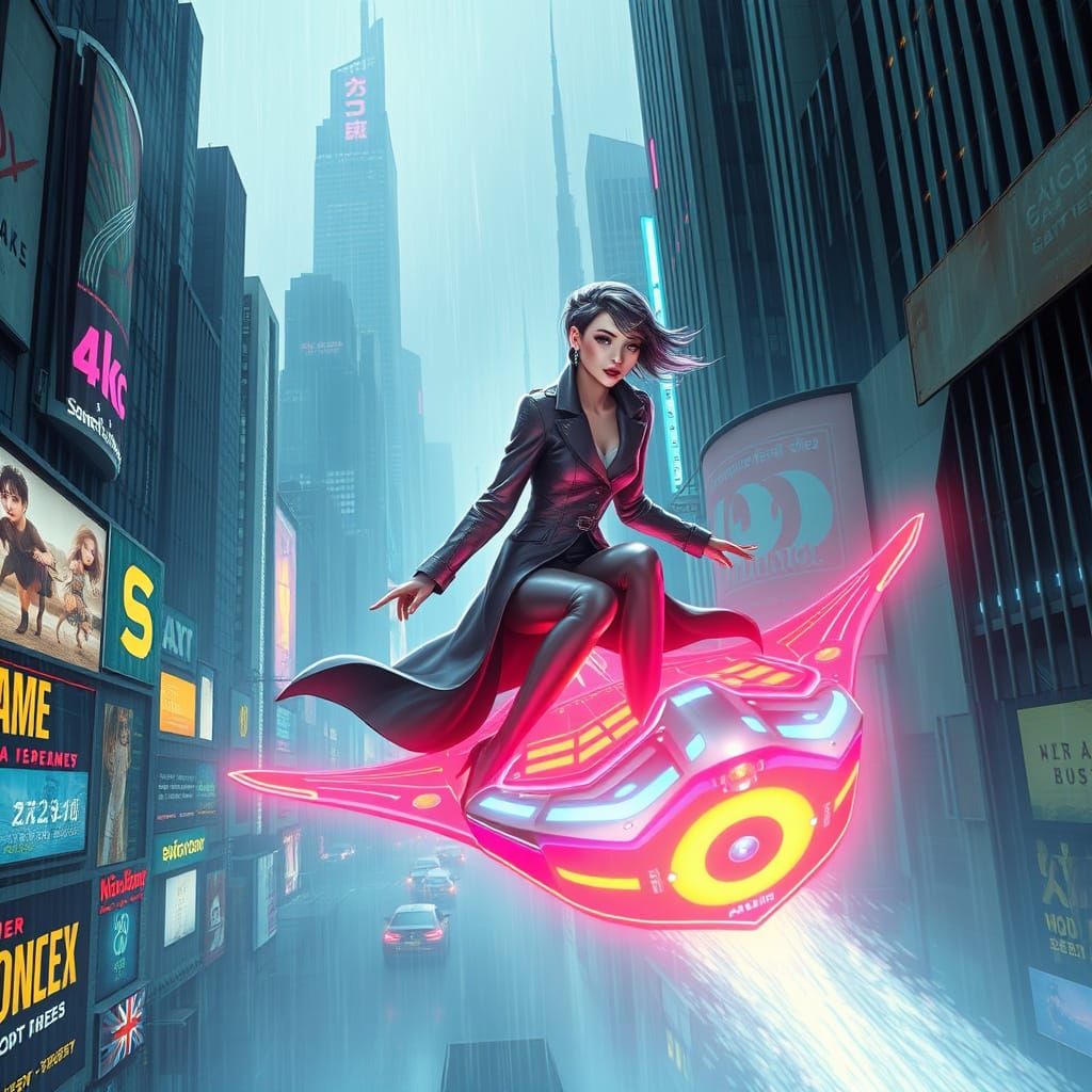 Cyberpunk Protagonist on Magic Carpet in Rainy City