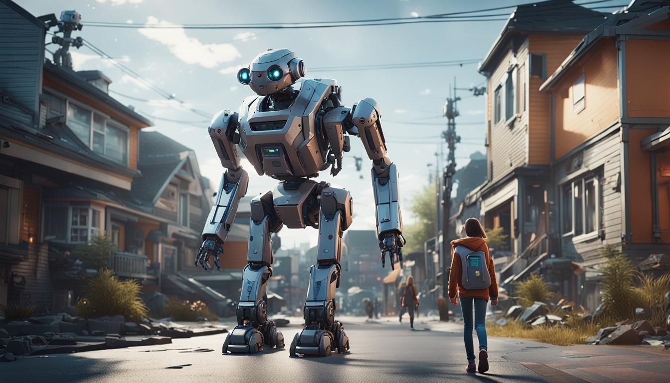 Girl and Robot Dog in Futuristic Suburbia