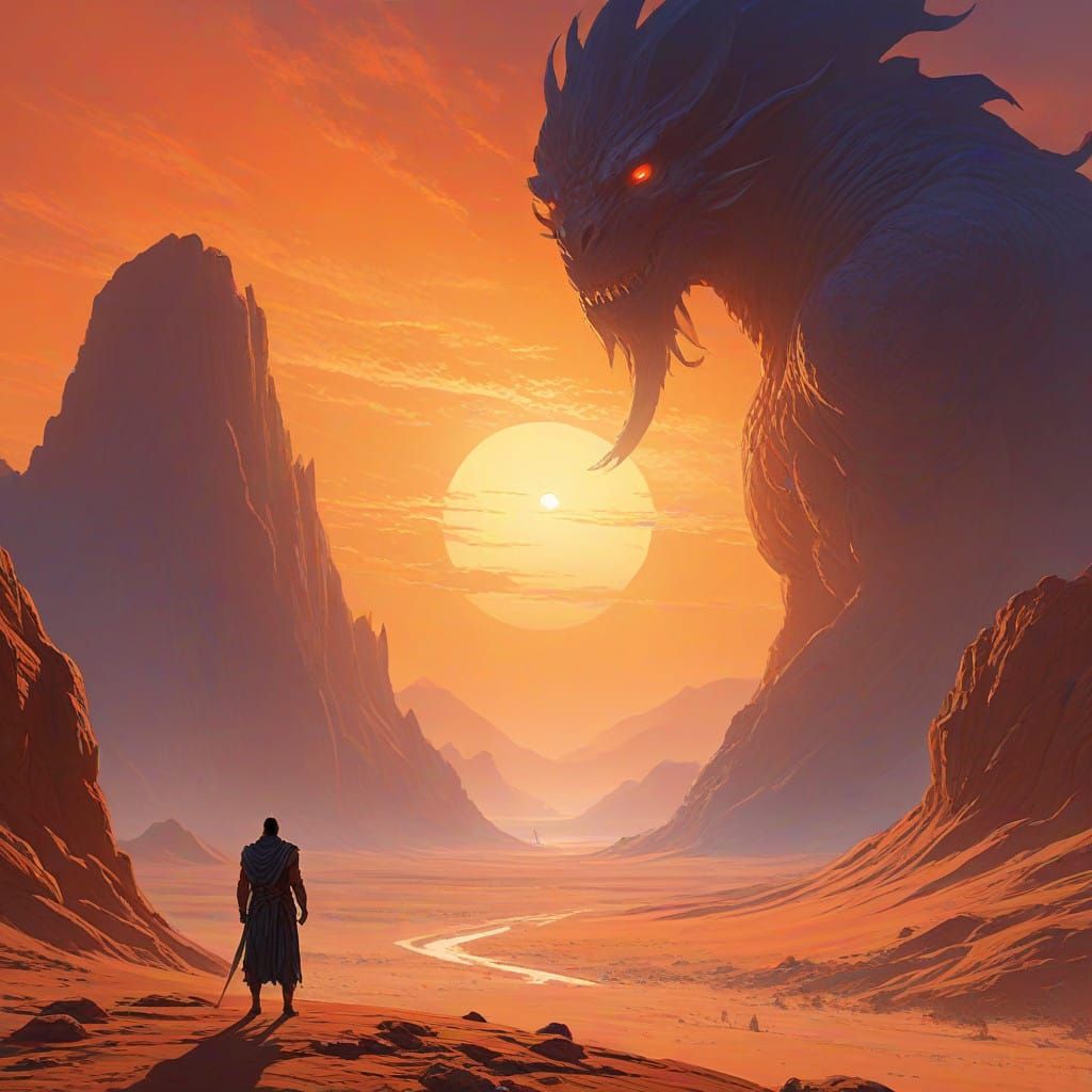 Epic Desert Encounter in Fantasy Art Style