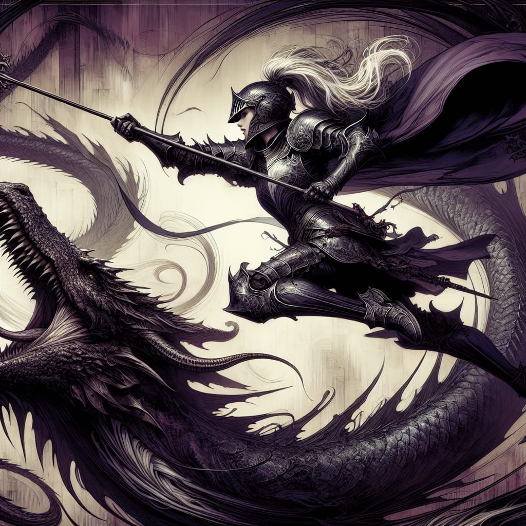 Valiant Dragoon Attacks Black Dragon in Baroque Style