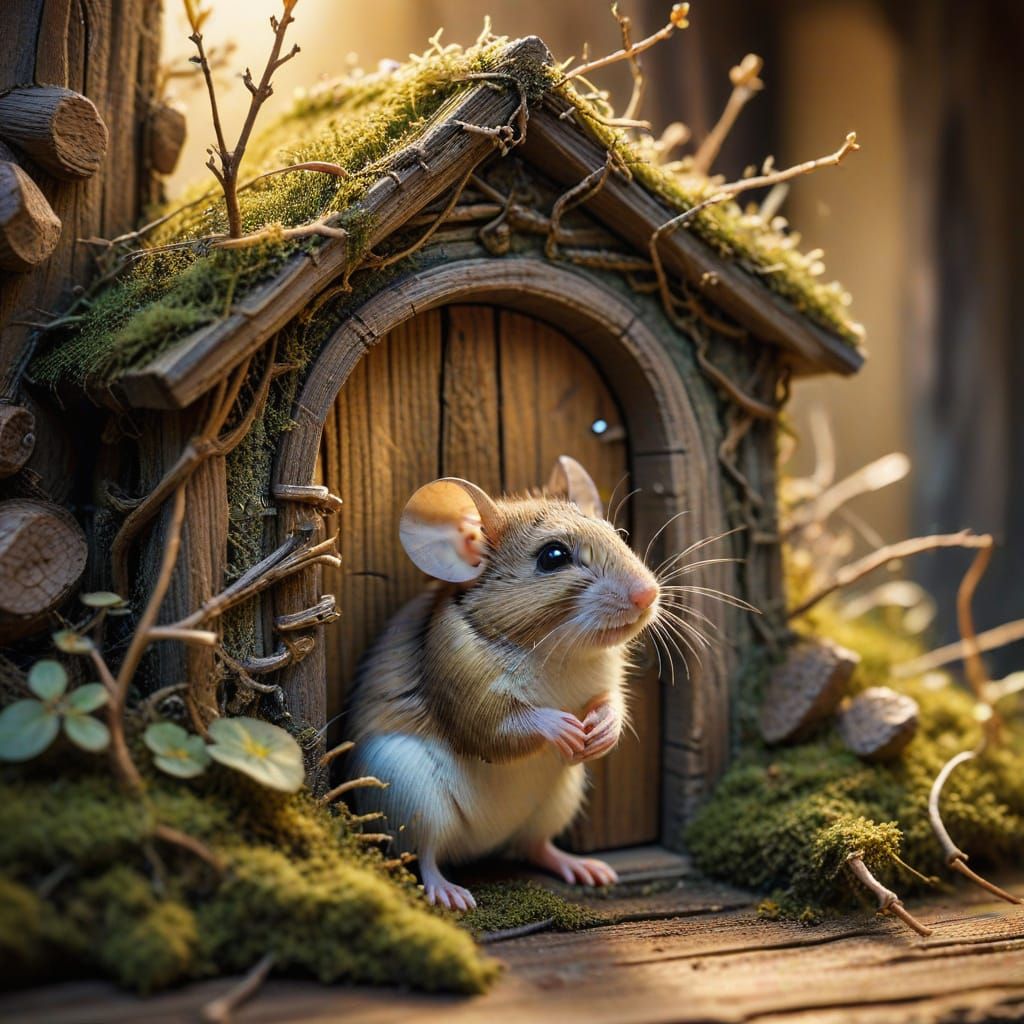 Charming Mouse in Tiny Twig Cottage Watercolor